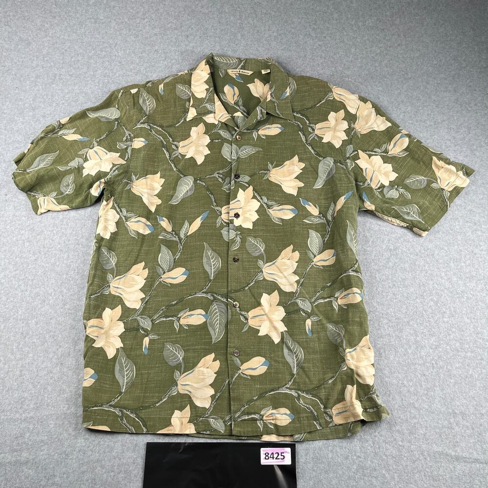 Tommy Bahama Shirt Large Green Floral Lyocell Blend Button Up Short Sleeve Mens